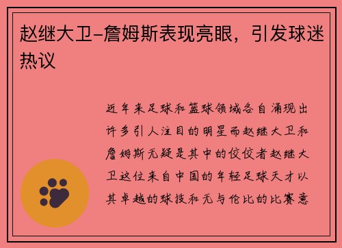 赵继大卫-詹姆斯表现亮眼，引发球迷热议