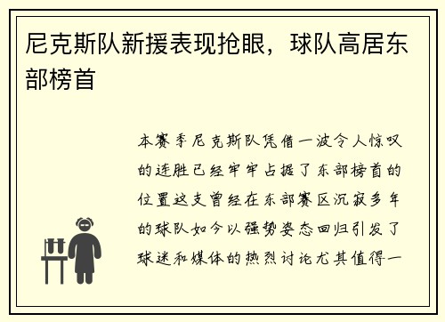 尼克斯队新援表现抢眼，球队高居东部榜首