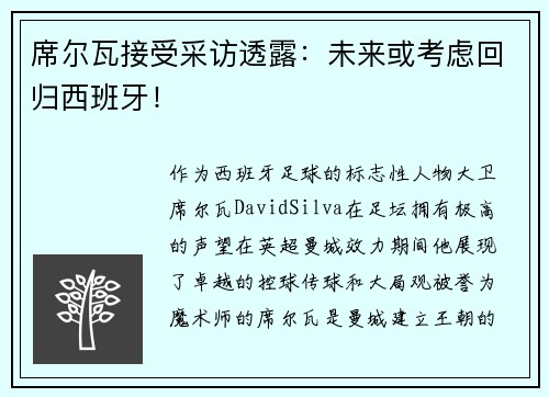 席尔瓦接受采访透露：未来或考虑回归西班牙！