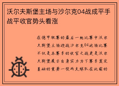 沃尔夫斯堡主场与沙尔克04战成平手战平收官势头看涨