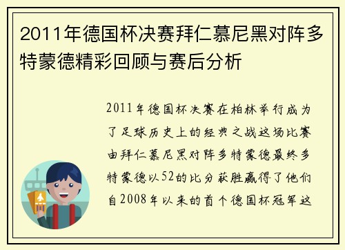 2011年德国杯决赛拜仁慕尼黑对阵多特蒙德精彩回顾与赛后分析