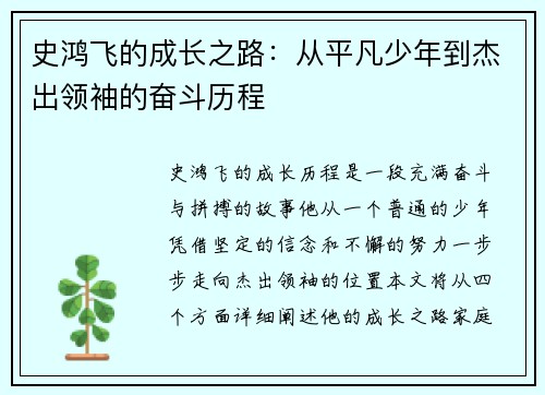史鸿飞的成长之路：从平凡少年到杰出领袖的奋斗历程