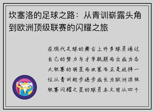 坎塞洛的足球之路：从青训崭露头角到欧洲顶级联赛的闪耀之旅