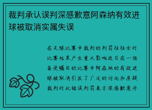 裁判承认误判深感歉意阿森纳有效进球被取消实属失误