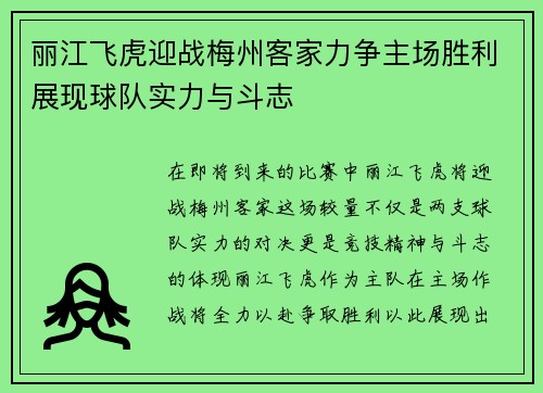 丽江飞虎迎战梅州客家力争主场胜利展现球队实力与斗志