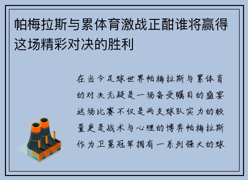 帕梅拉斯与累体育激战正酣谁将赢得这场精彩对决的胜利