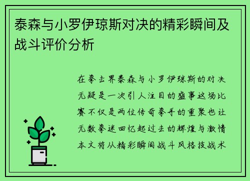 泰森与小罗伊琼斯对决的精彩瞬间及战斗评价分析