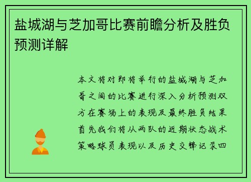 盐城湖与芝加哥比赛前瞻分析及胜负预测详解