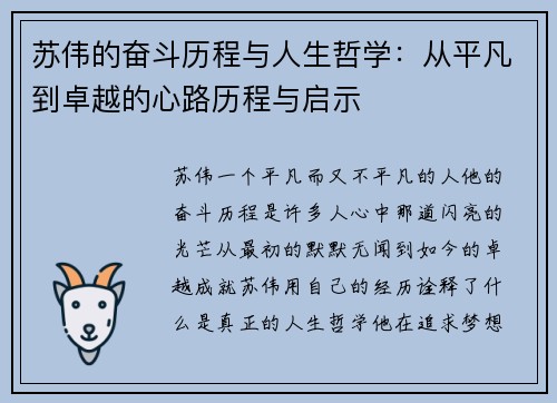 苏伟的奋斗历程与人生哲学：从平凡到卓越的心路历程与启示