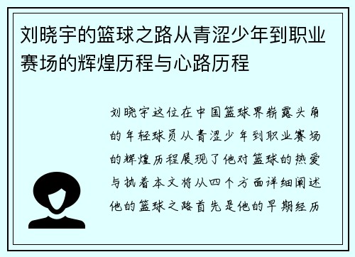 刘晓宇的篮球之路从青涩少年到职业赛场的辉煌历程与心路历程