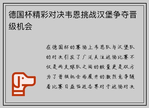 德国杯精彩对决韦恩挑战汉堡争夺晋级机会