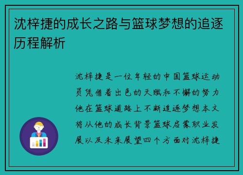 沈梓捷的成长之路与篮球梦想的追逐历程解析