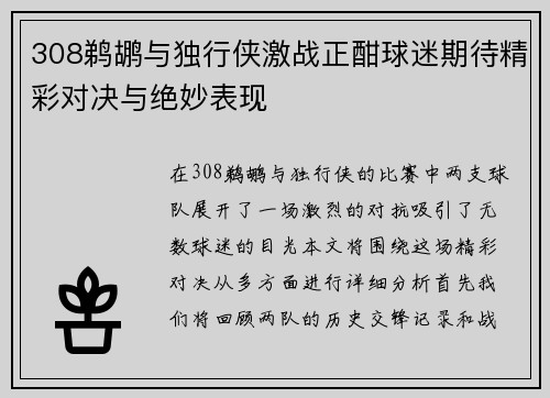 308鹈鹕与独行侠激战正酣球迷期待精彩对决与绝妙表现