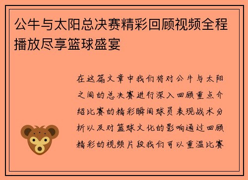 公牛与太阳总决赛精彩回顾视频全程播放尽享篮球盛宴
