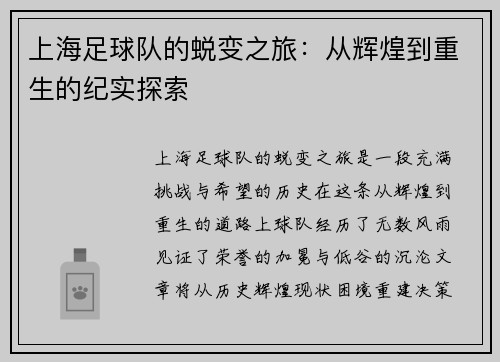上海足球队的蜕变之旅：从辉煌到重生的纪实探索