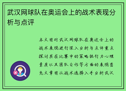 武汉网球队在奥运会上的战术表现分析与点评