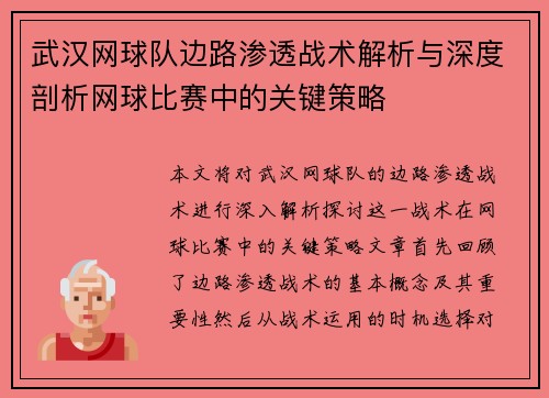 武汉网球队边路渗透战术解析与深度剖析网球比赛中的关键策略
