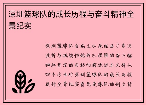 深圳篮球队的成长历程与奋斗精神全景纪实
