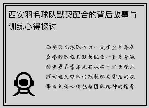 西安羽毛球队默契配合的背后故事与训练心得探讨